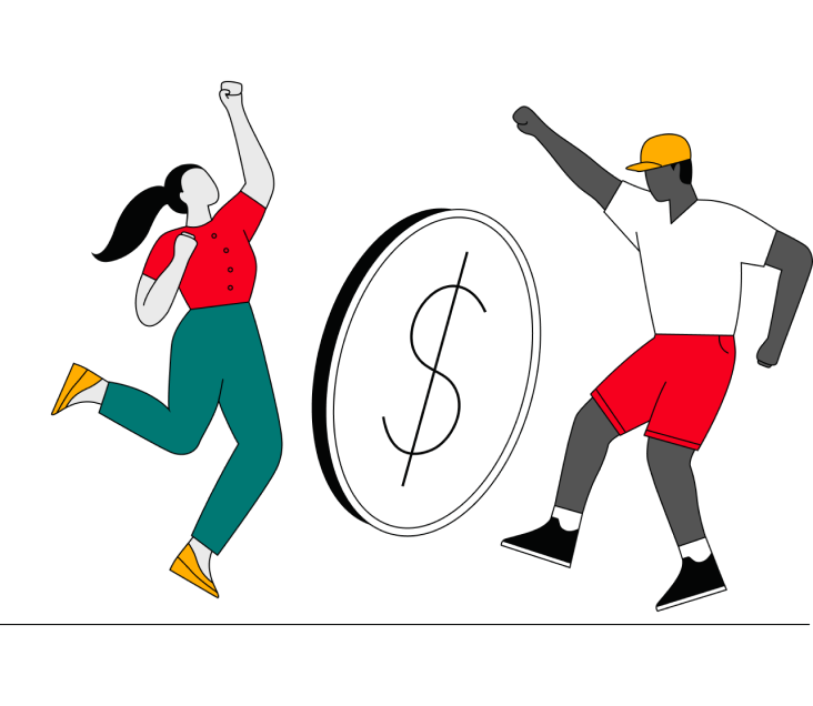 Two people dance around an illustration of a coin representing low fees.