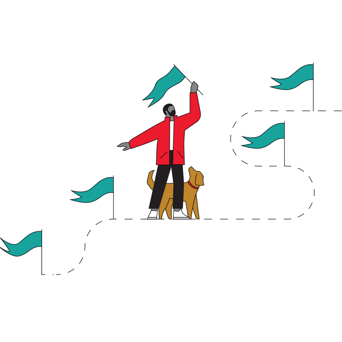 Graphic illustration of a figure at the mid-point of an obstacle course, holding a flag aloft to signify the attainment of a financial goal. 