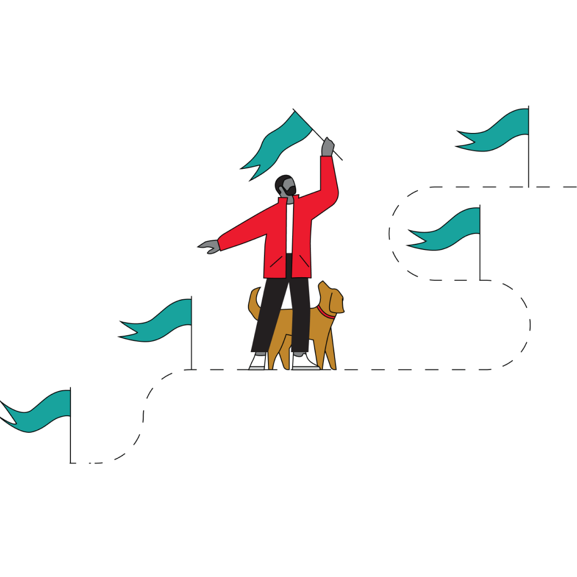 Graphic illustration of a figure at the mid-point of an obstacle course, holding a flag aloft to signify the attainment of a financial goal.
