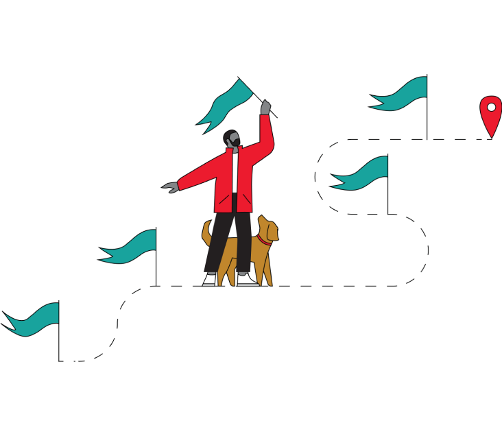 Graphic illustration of a figure at the mid-point of an obstacle course, holding a flag aloft to signify the attainment of a financial goal. 