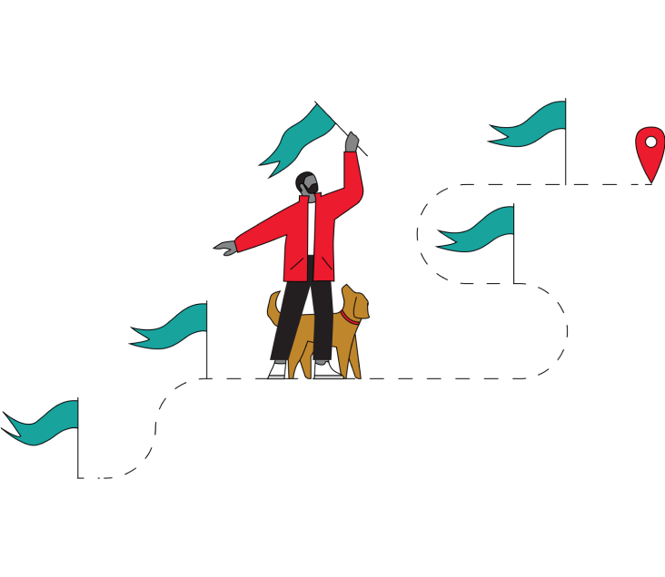 Graphic illustration of a figure at the mid-point of an obstacle course, holding a flag aloft to signify the attainment of a financial goal.