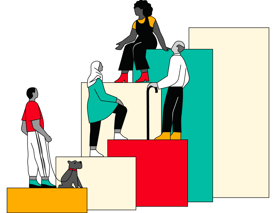 Four people stand on top of various sized boxes representing Vanguard Super's performance growth.