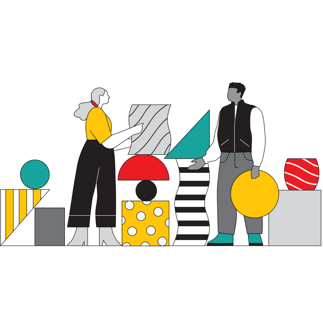 Graphic illustration of two figures interacting with colourful, stacked shapes representing Vanguard Super's different investment options.